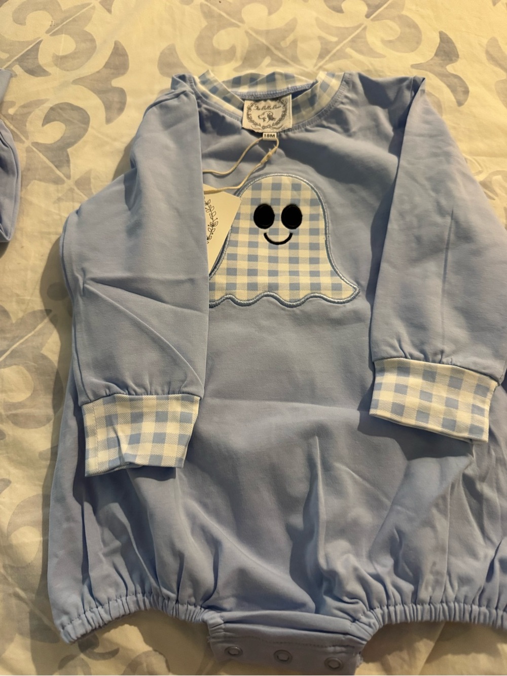 Bella Bean Baby Blue Ghost Appliqué Long-Sleeve Bubble Gingham Halloween